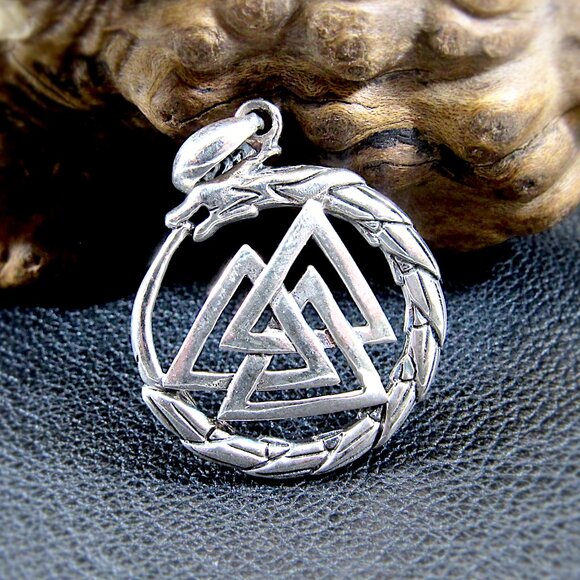 Solid 925 Sterling Silver Valknut & Snake Ouroboros Pendant - Picture 1 of 9